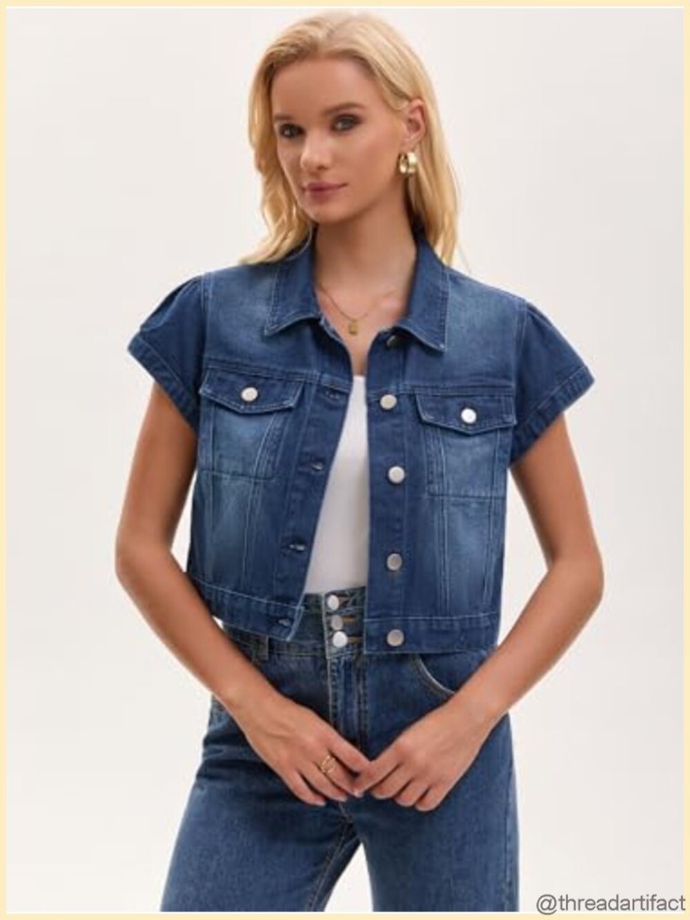 Cropped Denim Jacket Cap Puff Sleeve Button Down Jean Women's - Picture 5 of 5